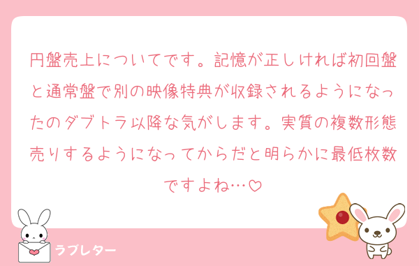 円盤売上についてです。記憶が正しければ初回盤と通常盤で別の映像特典が収録されるようになったのダブトラ以降な気がします。実質の複数形態売りするようになってからだと明らかに最低枚数ですよね…