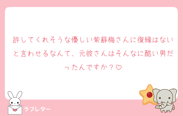 許してくれそうな優しい紫蘇梅さんに復縁はないと言わせるなんて、元彼さんはそんなに酷い男だったんですか？