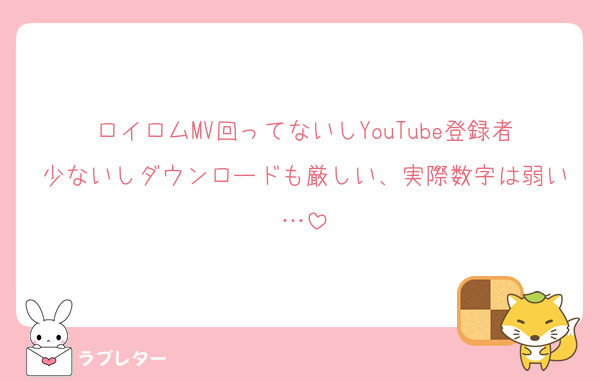 ロイロムMV回ってないしYouTube登録者少ないしダウンロードも厳しい、実際数字は弱い…
