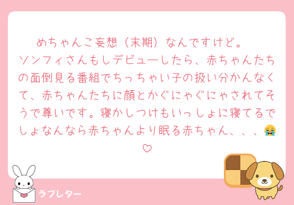 めちゃんこ妄想（末期）なんですけど。
ソンフィさんもしデビューしたら、赤ちゃんたちの面倒見る番組でちっちゃい子の扱い分かんなくて、赤ちゃんたちに顔とかぐにゃぐにゃされてそうで尊いです。寝かしつけもいっしょに寝てるでしょなんなら赤ちゃんより眠る赤ちゃん、、、😭