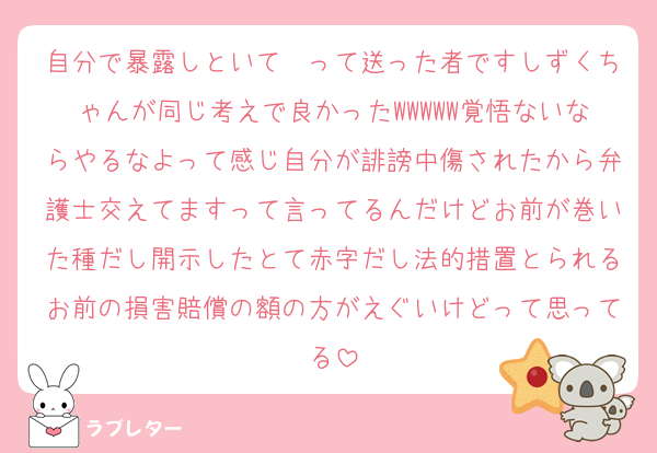 自分で暴露しといて〜って送った者ですしずくちゃんが同じ考えで良かったWWWWW覚悟ないならやるなよって感じ自分が誹謗中傷されたから弁護士交えてますって言ってるんだけどお前が巻いた種だし開示したとて赤字だし法的措置とられるお前の損害賠償の額の方がえぐいけどって思ってる