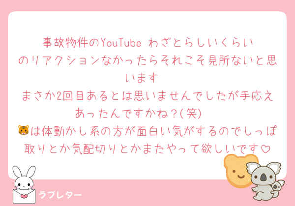 事故物件のYouTube わざとらしいくらいのリアクションなかったらそれこそ見所ないと思います
まさか2回目あるとは思いませんでしたが手応えあったんですかね？(笑) 
🐯は体動かし系の方が面白い気がするのでしっぽ取りとか気配切りとかまたやって欲しいです