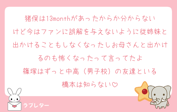 猪俣は13monthがあったからか分からないけど今はファンに誤解を与えないように従姉妹と出かけることもしなくなったしお母さんと出かけるのも怖くなったって言ってたよ
篠塚はずっと中高（男子校）の友達といる
橋本は知らない