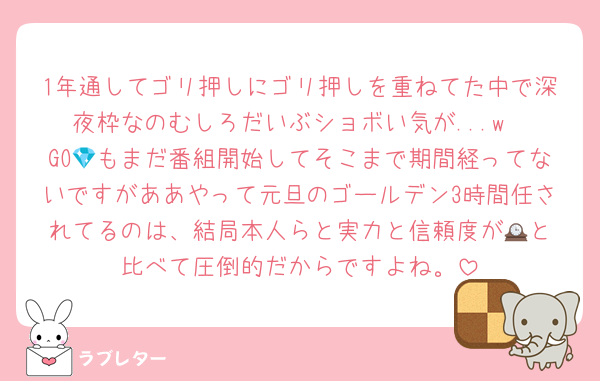1年通してゴリ押しにゴリ押しを重ねてた中で深夜枠なのむしろだいぶショボい気が...w
GO💎もまだ番組開始してそこまで期間経ってないですがああやって元旦のゴールデン3時間任されてるのは、結局本人らと実力と信頼度が🕰️と比べて圧倒的だからですよね。