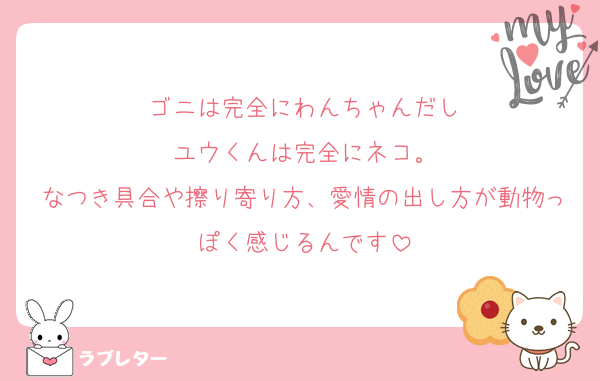 ゴニは完全にわんちゃんだし
ユウくんは完全にネコ。
なつき具合や擦り寄り方、愛情の出し方が動物っぽく感じるんです
