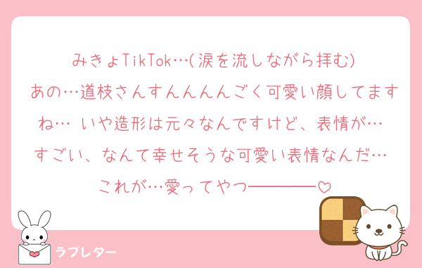 みきょTikTok…(涙を流しながら拝む)
あの…道枝さんすんんんんごく可愛い顔してますね… いや造形は元々なんですけど、表情が… すごい、なんて幸せそうな可愛い表情なんだ… これが…愛ってやつ────