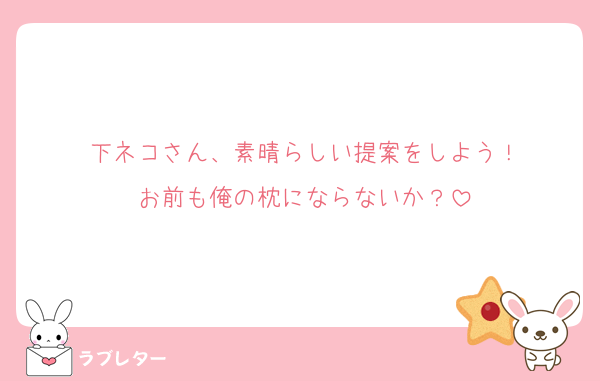 下ネコさん、素晴らしい提案をしよう！
お前も俺の枕にならないか？