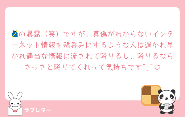 🎽の暴露（笑）ですが、真偽がわからないインターネット情報を鵜呑みにするような人は遅かれ早かれ適当な情報に流されて降りるし、降りるならさっさと降りてくれって気持ちです^_^