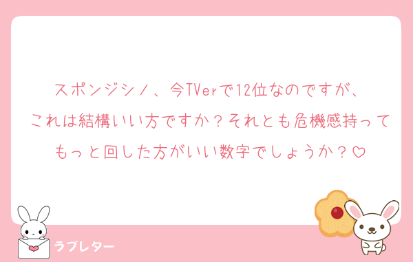 スポンジシノ、今TVerで12位なのですが、これは結構いい方ですか？それとも危機感持ってもっと回した方がいい数字でしょうか？
