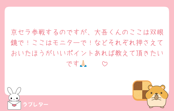 京セラ参戦するのですが、大吾くんのここは双眼鏡で！ここはモニターで！などそれぞれ押さえておいたほうがいいポイントあれば教えて頂きたいです🥲🙏🏻