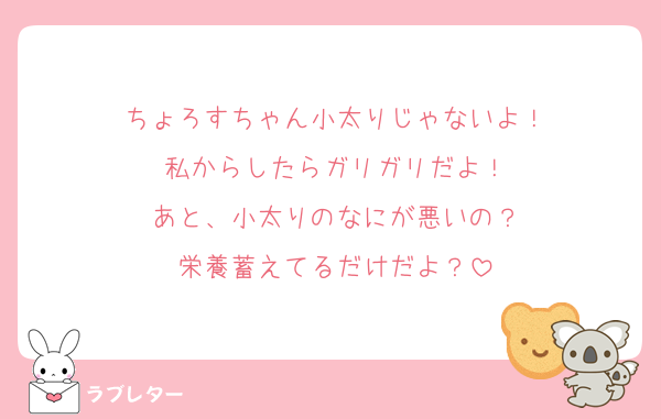 ちょろすちゃん小太りじゃないよ！
私からしたらガリガリだよ！
あと、小太りのなにが悪いの？
栄養蓄えてるだけだよ？