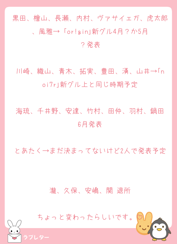 黒田、檜山、長瀬、内村、ヴァサイェガ、虎太郎、風雅→ ｢or!gin｣新グル4月？か5月？発表

川崎、織山、青木、拓実、豊田、湧、山井→｢noi7r｣新グル上と同じ時期予定

海琉、千井野、安達、竹村、田仲、羽村、鍋田
6月発表

とあたく→まだ決まってないけど2人で発表予定

瀧、久保、安嶋、関 退所

ちょっと変わったらしいです。