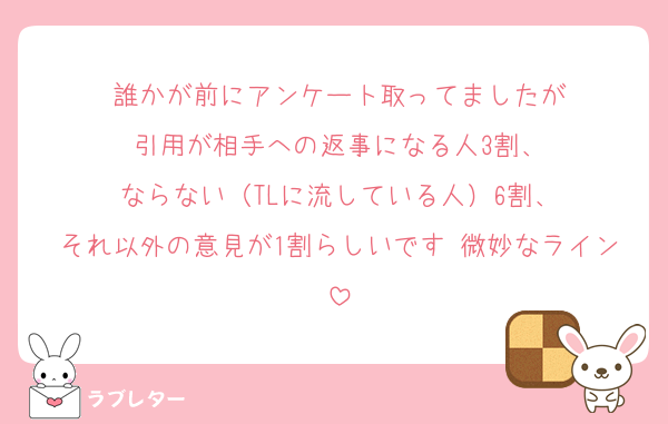 誰かが前にアンケート取ってましたが
引用が相手への返事になる人3割、
ならない（TLに流している人）6割、
それ以外の意見が1割らしいです 微妙なライン