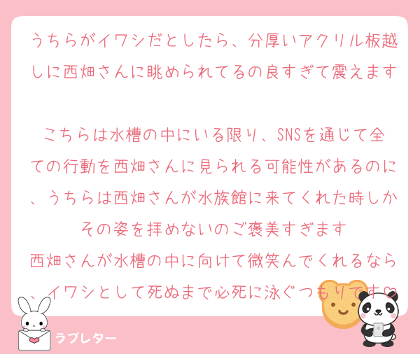 うちらがイワシだとしたら、分厚いアクリル板越しに西畑さんに眺められてるの良すぎて震えます
こちらは水槽の中にいる限り、SNSを通じて全ての行動を西畑さんに見られる可能性があるのに、うちらは西畑さんが水族館に来てくれた時しかその姿を拝めないのご褒美すぎます
西畑さんが水槽の中に向けて微笑んでくれるなら、イワシとして死ぬまで必死に泳ぐつもりです