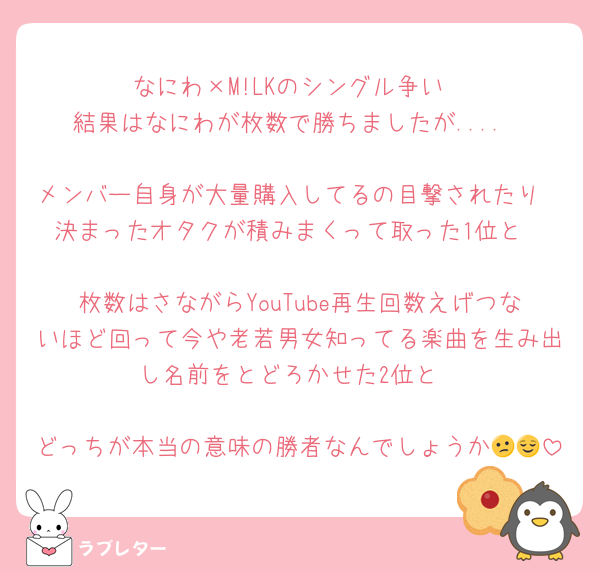 なにわ×M!LKのシングル争い
結果はなにわが枚数で勝ちましたが....

メンバー自身が大量購入してるの目撃されたり
決まったオタクが積みまくって取った1位と

枚数はさながらYouTube再生回数えげつないほど回って今や老若男女知ってる楽曲を生み出し名前をとどろかせた2位と

どっちが本当の意味の勝者なんでしょうか😕😌