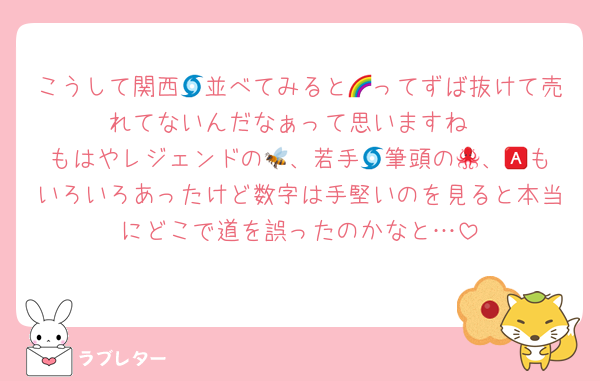 こうして関西🌀並べてみると🌈ってずば抜けて売れてないんだなぁって思いますね
もはやレジェンドの🐝、若手🌀筆頭の🐙、🅰️もいろいろあったけど数字は手堅いのを見ると本当にどこで道を誤ったのかなと…