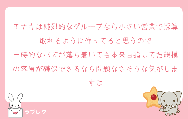 モナキは純烈的なグループなら小さい営業で採算取れるように作ってると思うので
一時的なバズが落ち着いても本来目指してた規模の客層が確保できるなら問題なさそうな気がします
