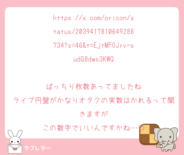 https://x.com/oricon/status/2039417810649288734?s=46&t=EjtMFOJrv-sudG8dws3KWQ

ばっちり枚数あってましたね
ライブ円盤がかなりオタクの実数はかれるって聞きますが
この数字でいいんですかね…