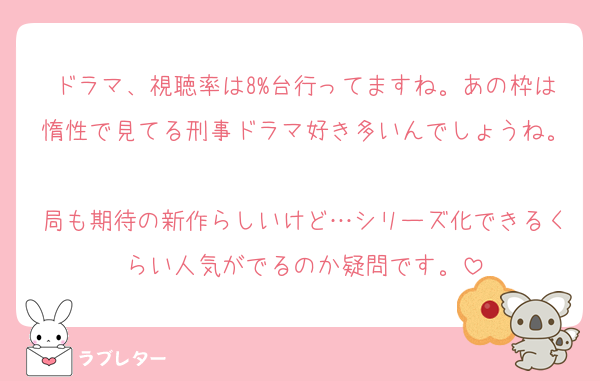 ドラマ、視聴率は8%台行ってますね。あの枠は惰性で見てる刑事ドラマ好き多いんでしょうね。
局も期待の新作らしいけど…シリーズ化できるくらい人気がでるのか疑問です。