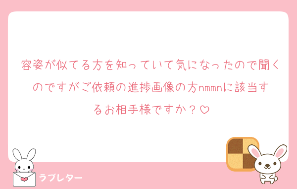 容姿が似てる方を知っていて気になったので聞くのですがご依頼の進捗画像の方nmmnに該当するお相手様ですか？