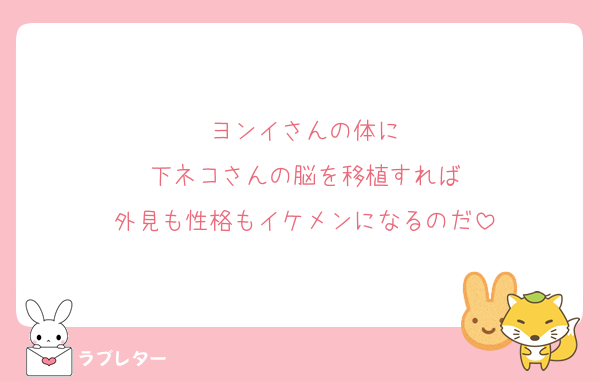ヨンイさんの体に
下ネコさんの脳を移植すれば
外見も性格もイケメンになるのだ
