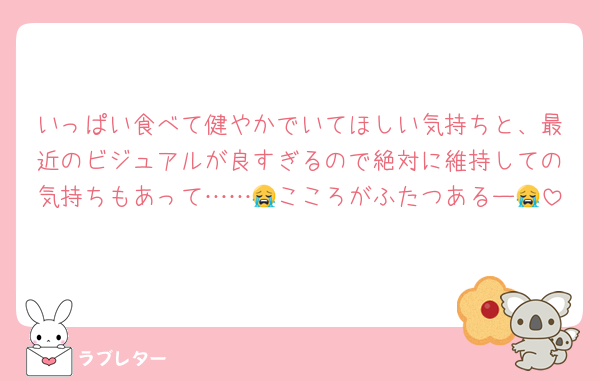 いっぱい食べて健やかでいてほしい気持ちと、最近のビジュアルが良すぎるので絶対に維持しての気持ちもあって……😭こころがふたつあるー😭