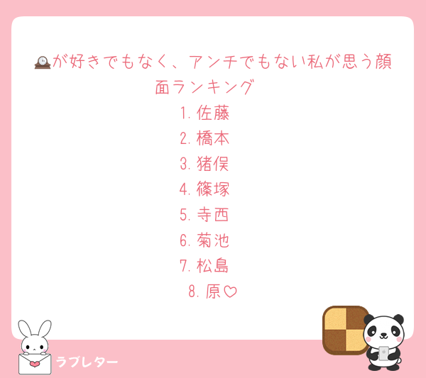 🕰️が好きでもなく、アンチでもない私が思う顔面ランキング
1.佐藤
2.橋本
3.猪俣
4.篠塚
5.寺西
6.菊池
7.松島
8.原