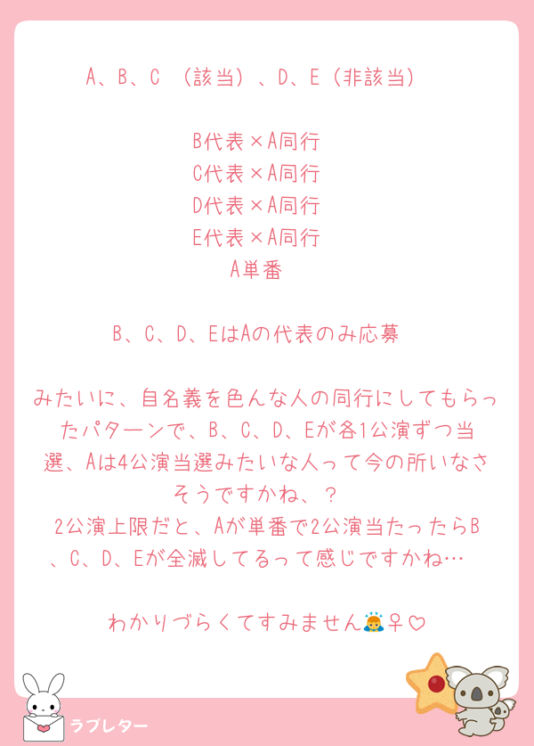 A、B、C （該当）、D、E（非該当）

B代表×A同行
C代表×A同行
D代表×A同行
E代表×A同行
A単番

B、C、D、EはAの代表のみ応募

みたいに、自名義を色んな人の同行にしてもらったパターンで、B、C、D、Eが各1公演ずつ当選、Aは4公演当選みたいな人って今の所いなさそうですかね、？
2公演上限だと、Aが単番で2公演当たったらB、C、D、Eが全滅してるって感じですかね…

わかりづらくてすみません🙇‍♀️
