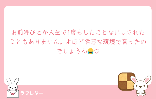 お前呼びとか人生で1度もしたことないしされたこともありません。よほど劣悪な環境で育ったのでしょうね😭