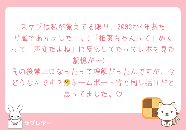 スケブは私が覚えてる限り、2003か4年あたり嵐でありましたー。(「相葉ちゃんって」めくって「声変だよね」に反応してたってレポを見た記憶が…)
その後禁止になったって理解だったんですが、今どうなんです？🤔ネームボート等と同じ括りだと思ってました。