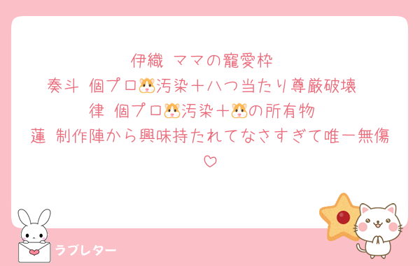 伊織 ママの寵愛枠
奏斗 個プロ🐹汚染＋八つ当たり尊厳破壊
律 個プロ🐹汚染＋🐹の所有物
蓮 制作陣から興味持たれてなさすぎて唯一無傷