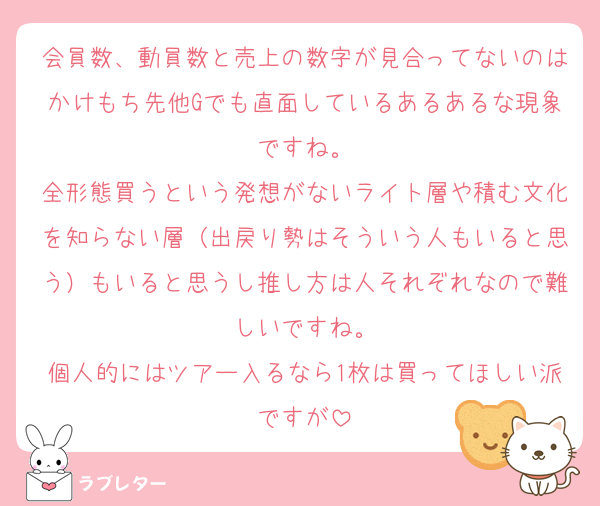 会員数、動員数と売上の数字が見合ってないのはかけもち先他Gでも直面しているあるあるな現象ですね。
全形態買うという発想がないライト層や積む文化を知らない層（出戻り勢はそういう人もいると思う）もいると思うし推し方は人それぞれなので難しいですね。
個人的にはツアー入るなら1枚は買ってほしい派ですが