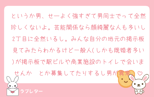 というか男、せーよく強すぎて男同士でって全然珍しくないよ。芸能関係なら顔綺麗な人も多いし2丁目に全然いるし。みんな自分の地元の掲示板見てみたらわかるけど一般人(しかも既婚者多い)が掲示板で駅ビルや商業施設のトイレで会いませんか〜とか募集してたりするし男が異常。
