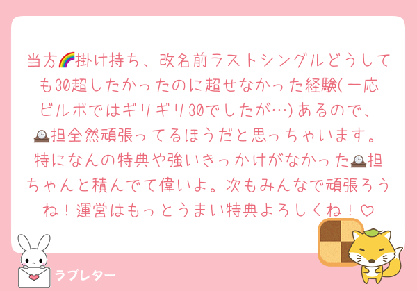 当方🌈掛け持ち、改名前ラストシングルどうしても30超したかったのに超せなかった経験(一応ビルボではギリギリ30でしたが…)あるので、🕰️担全然頑張ってるほうだと思っちゃいます。特になんの特典や強いきっかけがなかった🕰️担ちゃんと積んでて偉いよ。次もみんなで頑張ろうね！運営はもっとうまい特典よろしくね！