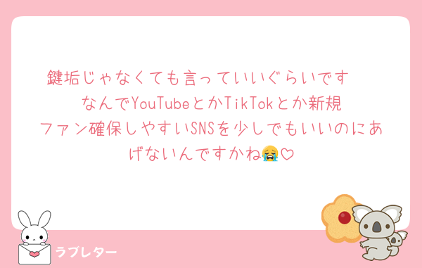 鍵垢じゃなくても言っていいぐらいです‼️
なんでYouTubeとかTikTokとか新規ファン確保しやすいSNSを少しでもいいのにあげないんですかね😭